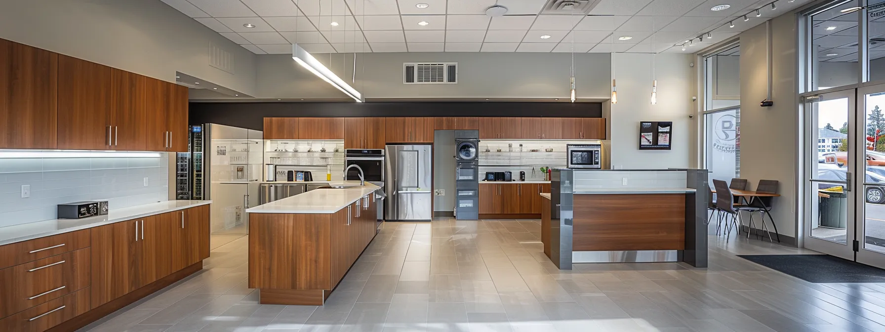 a modern, sleek kitchen showroom, showcasing an array of stylish cabinetry designs and finishes, highlighting the partnership potential between property managers and a reliable canadian kitchen cabinet supplier.