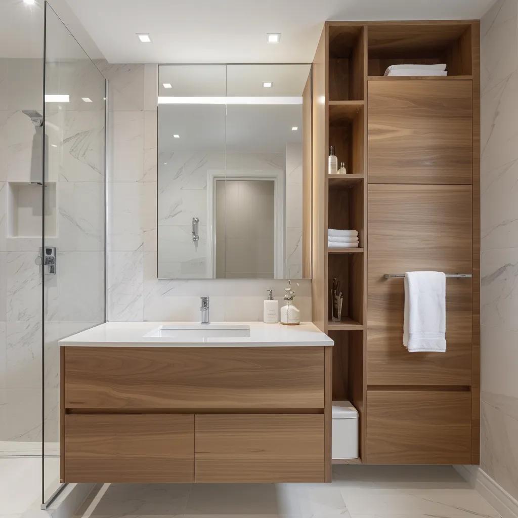 Space-saving bathroom storage ideas including a floating vanity and recessed medicine cabinet in a modern Toronto bathroom