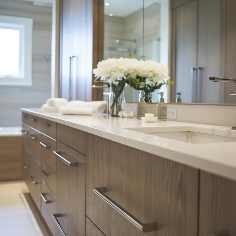 Custom bathroom storage solutions in a modern Toronto bathroom featuring stylish vanities and cabinetry