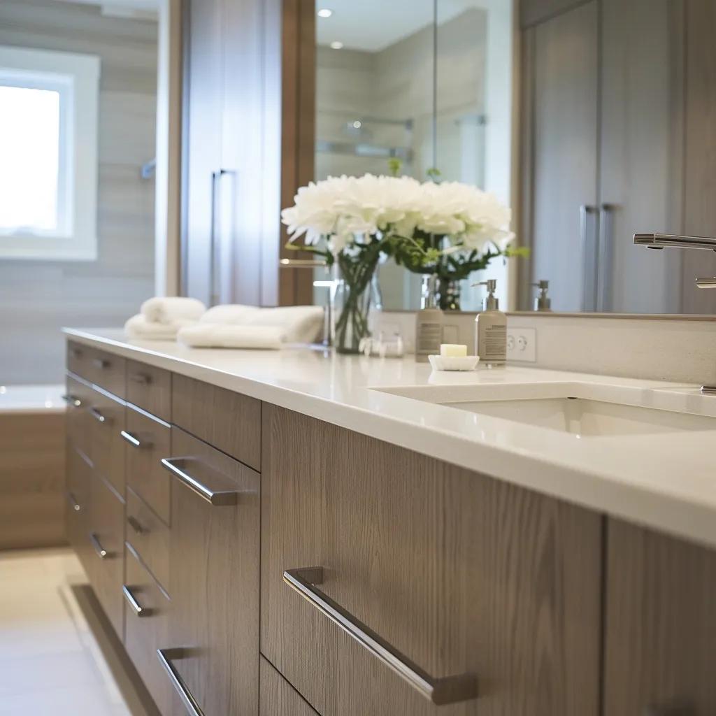 Custom bathroom storage solutions in a modern Toronto bathroom featuring stylish vanities and cabinetry