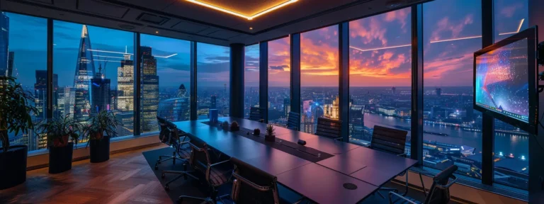 a sleek, modern office space with vibrant, colour-coordinated decor, showcasing a digital presentation on a large screen, highlighting the innovative ideas of a dynamic brainstorming session.